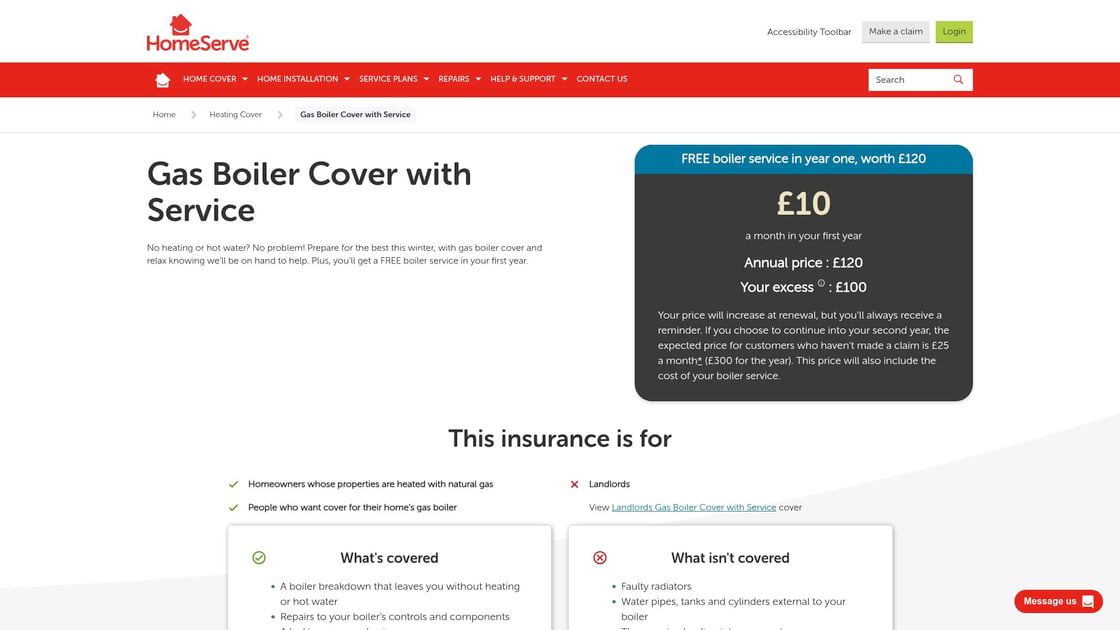 HomeServe boiler cover service